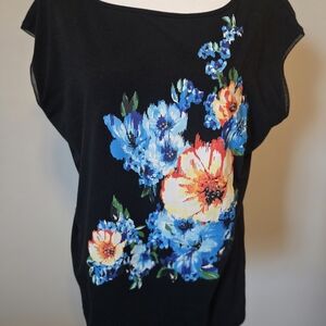 Black Floral Short Sleeve Tee with Blue and Orange Blooms